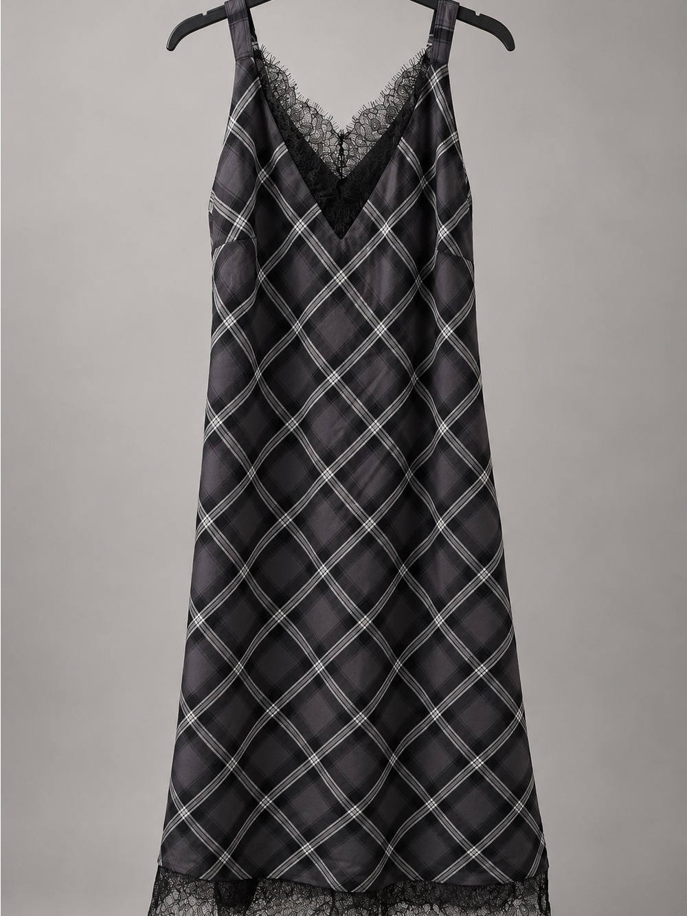 Gold Hawk Plaid Lace Trim Slip Dress Black Gray Size L NWT